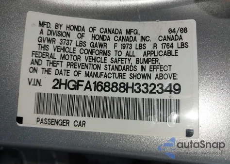 2008 Honda Civic Ex из США, поврежденный, VIN 2HGFA16888H332349